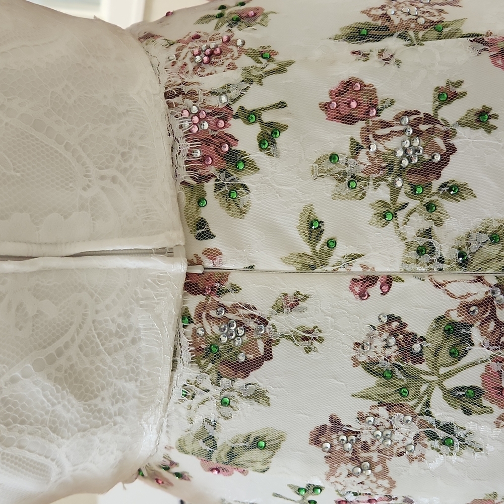 SIZE 8 white w/ pink & green floral 2 piece prom dress by Rachel Allan, no alter - Picture 9 of 13